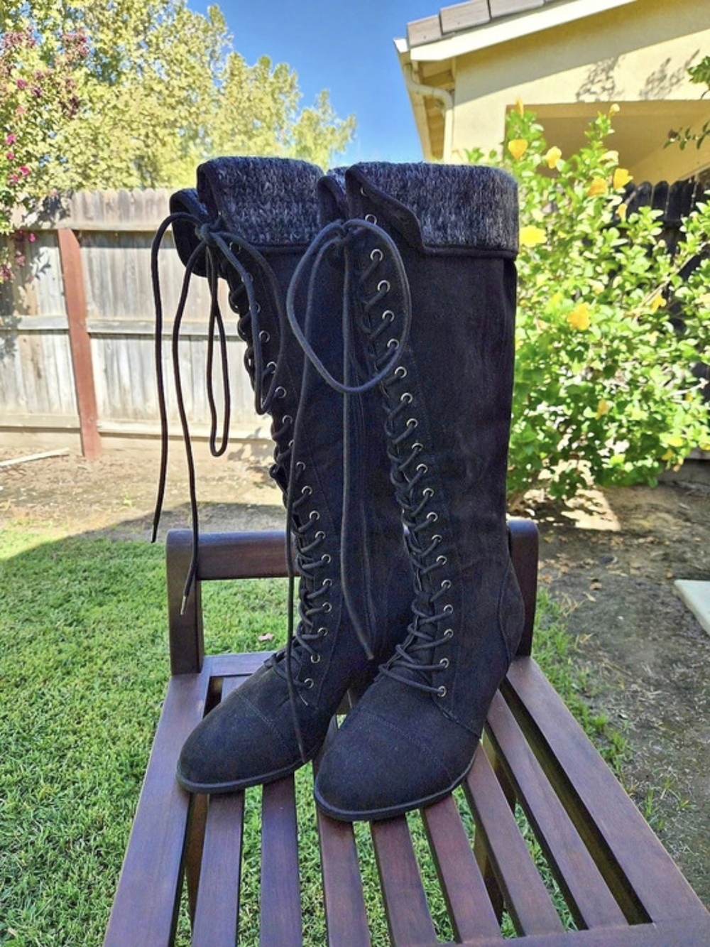 Torrid Black Faux Suede Lace-Up Sweater Cuff Knee High Boots 9WW Wide Calf